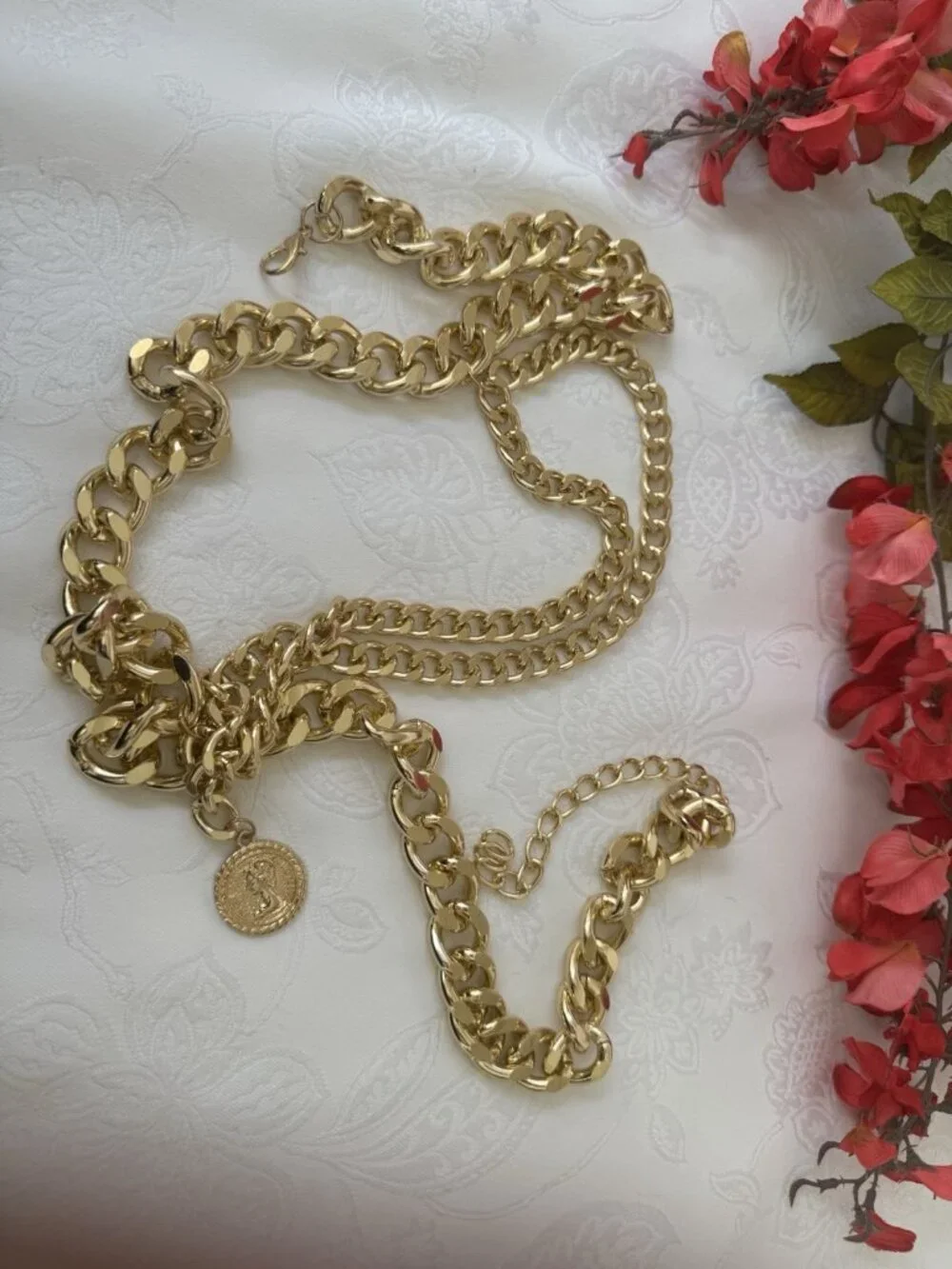 Belt Long Rope Link Chain Shiny Goldtone Adjustable 3 Layer Women's Y2K 33